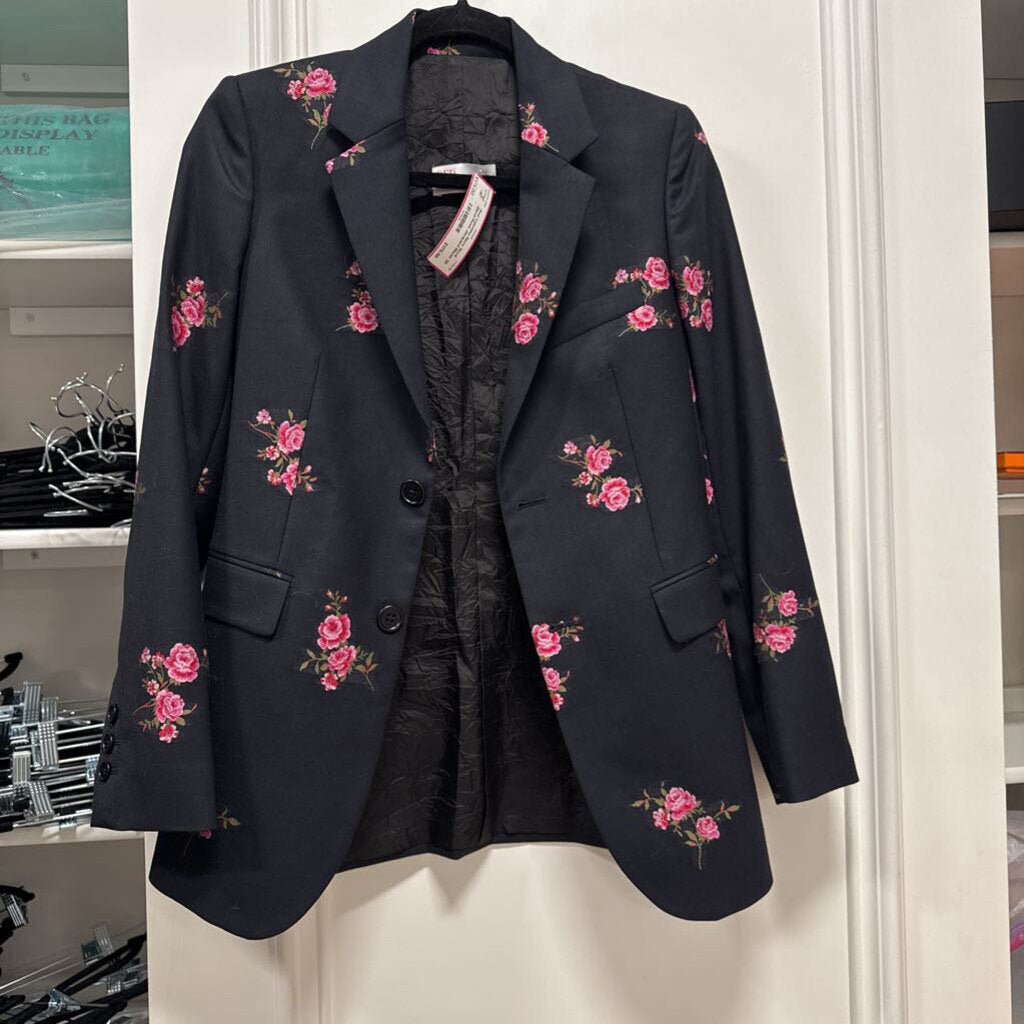 Navy Wool Blend Rose Jacquard Blazer