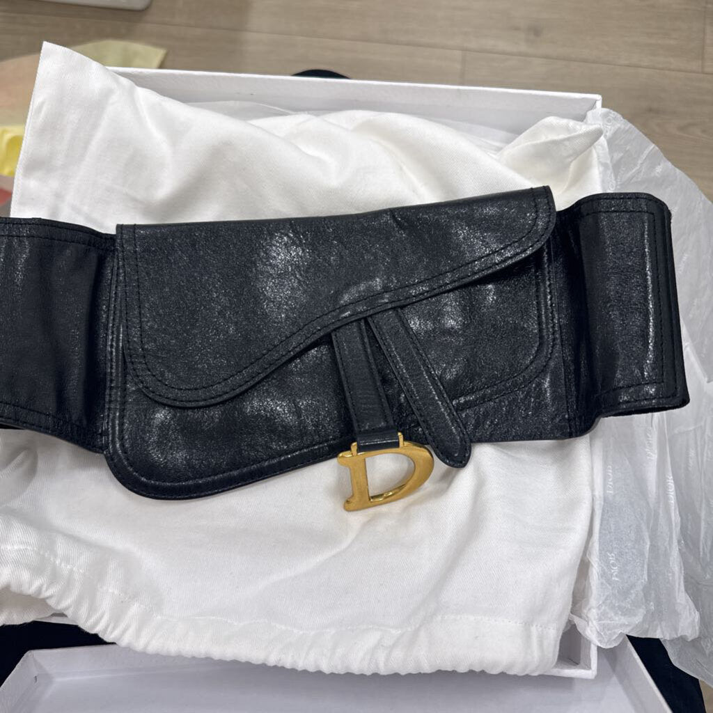 Christian Dior Black Leather Saddle Bag Waist Belt w/ box