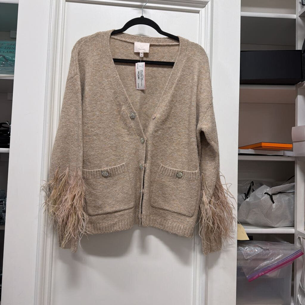 Taupe Acrylic/Nylon Ostrich Feather Cardigan