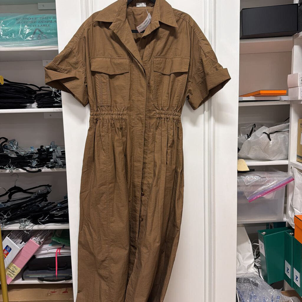 Brown Cotton/Poly Maxi Shirt Dress