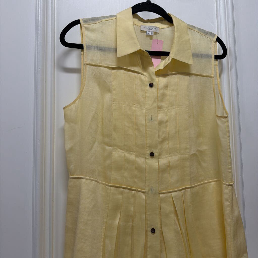 Yellow Sleeveless Pleated Button Front Midi Dress