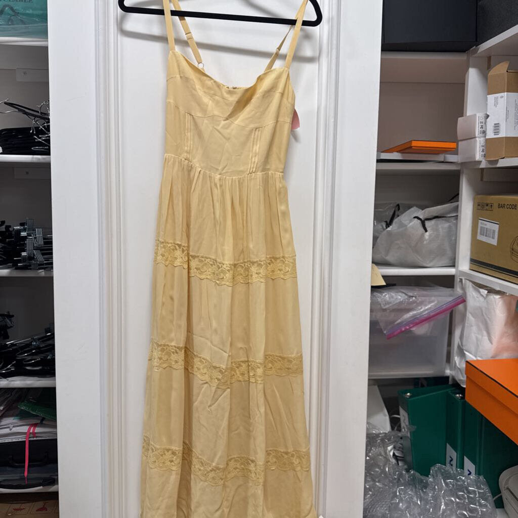 Yellow Viscose Lace-Inset Midi Dress