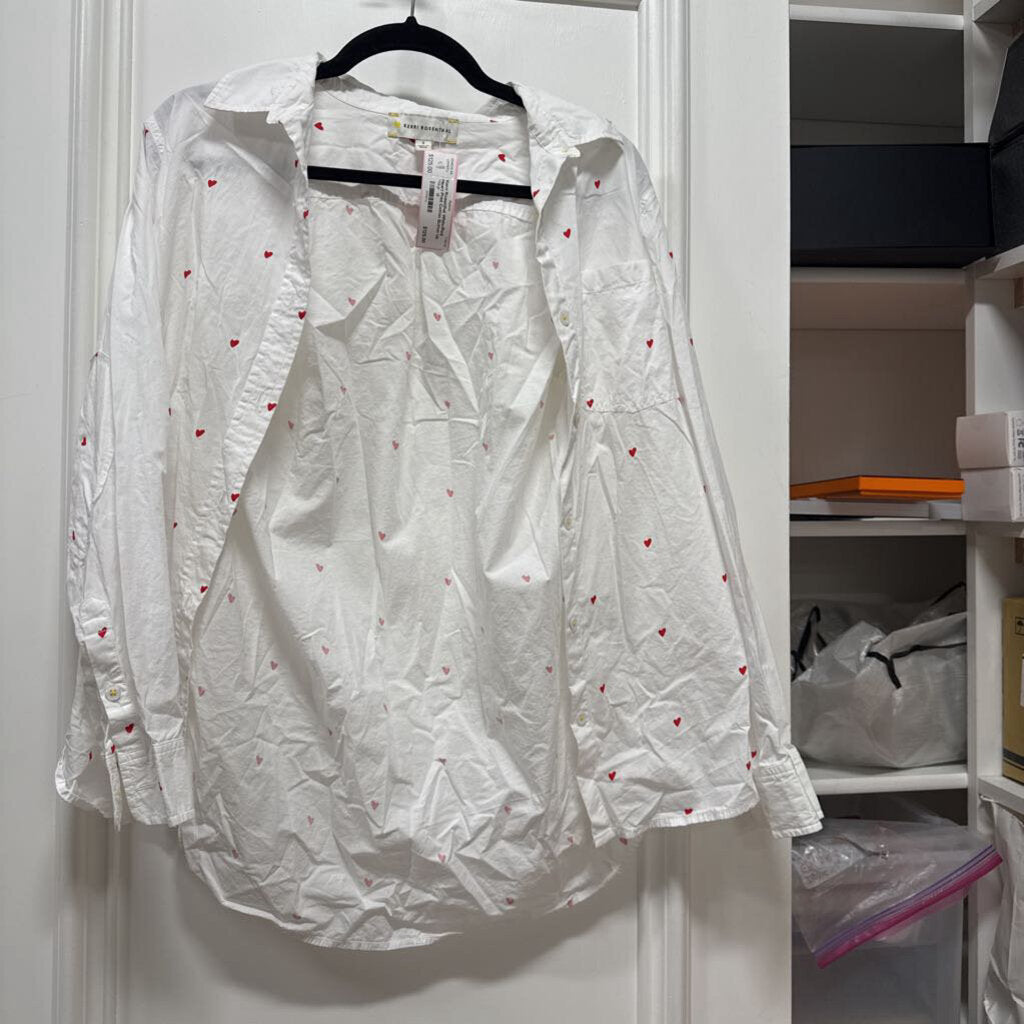 White/Red Heart Print Cotton Button Up Top