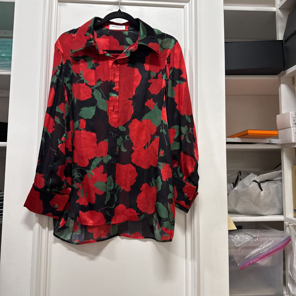 2022 Black/Red Silk Rose Print Shirt