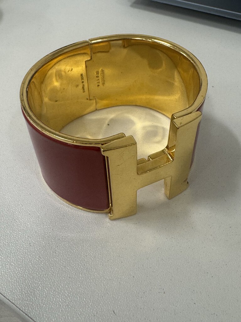 Gold Tone Red Enamel Extra Wide Clic H Bracelet