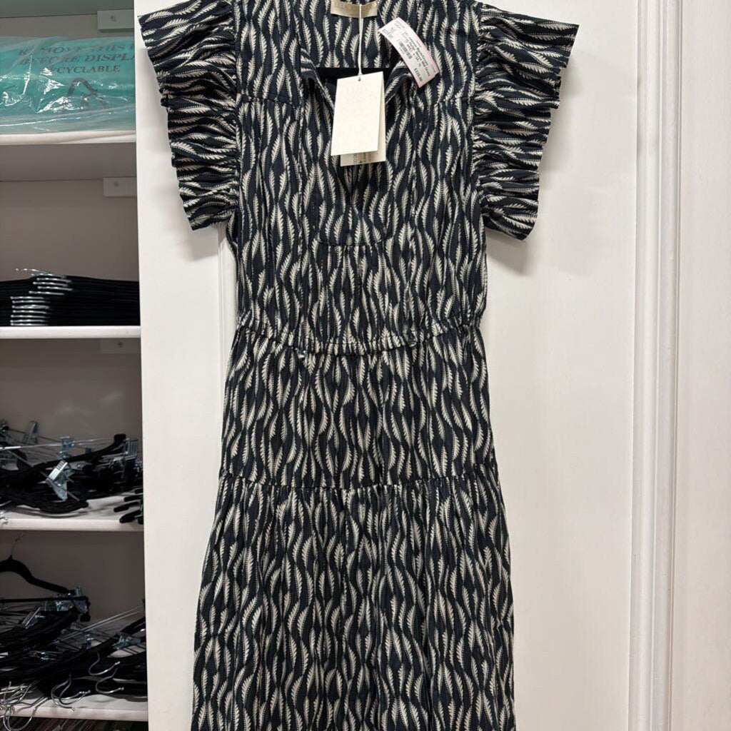 Black/Cream Cotton Flutter Sleeve Midi Dress (NWT 490)