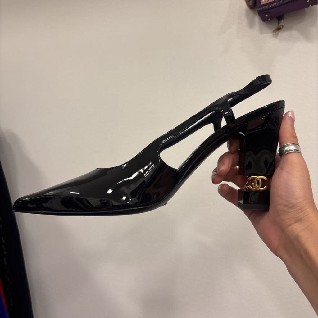 Chanel Black Patent Leather Slingback Heels