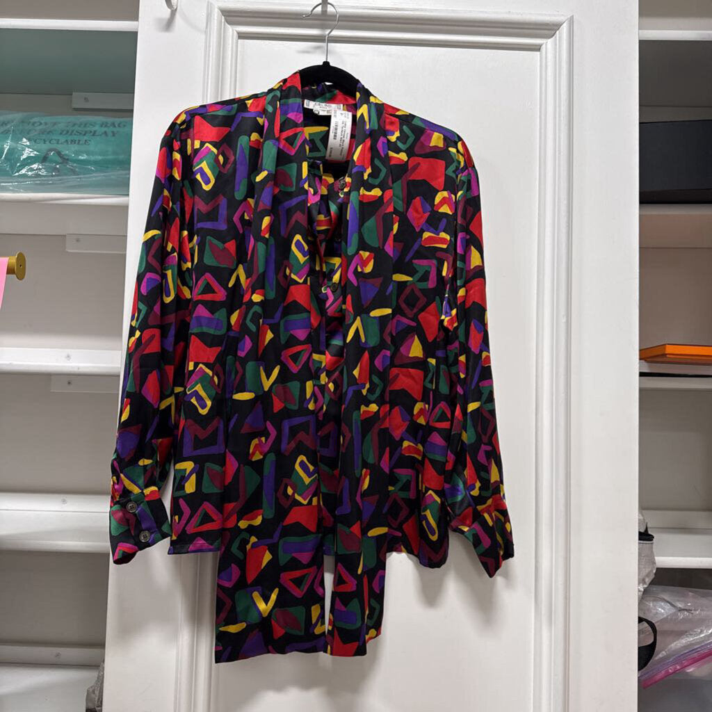Vintage Black Printed Silk Tie-Neck Shirt
