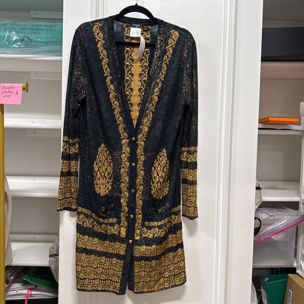 2010 Black/Gold Foil Knit Pattern Long Cardigan