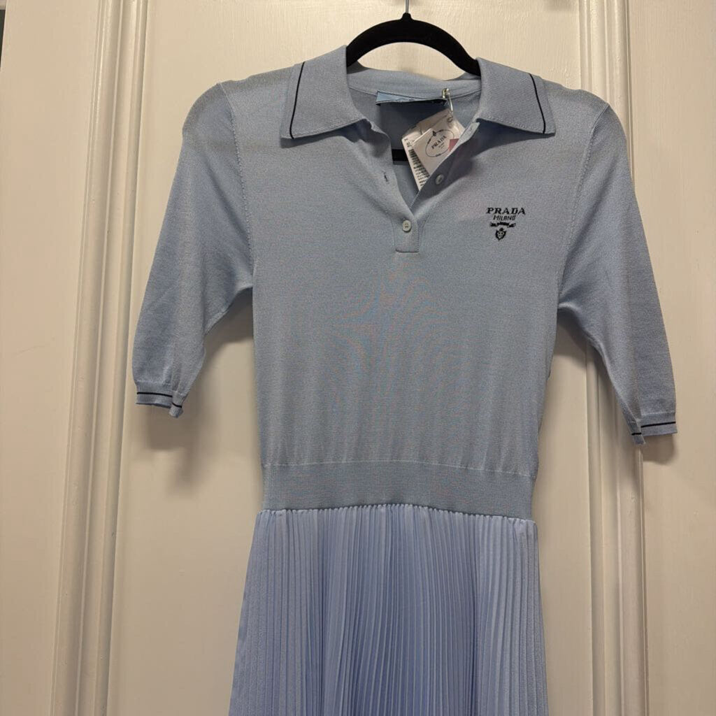 2021 Blue Silk Cotton Polo Pleated Midi Dress