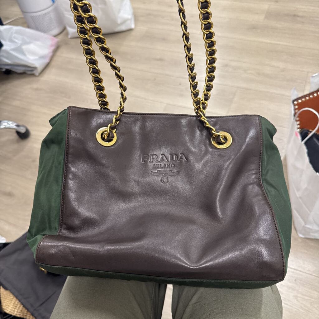 Brown Leather Green Nylon Tote
