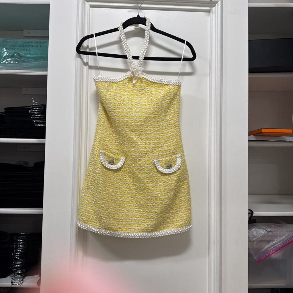 Yellow Tweed Halter Mini Dress