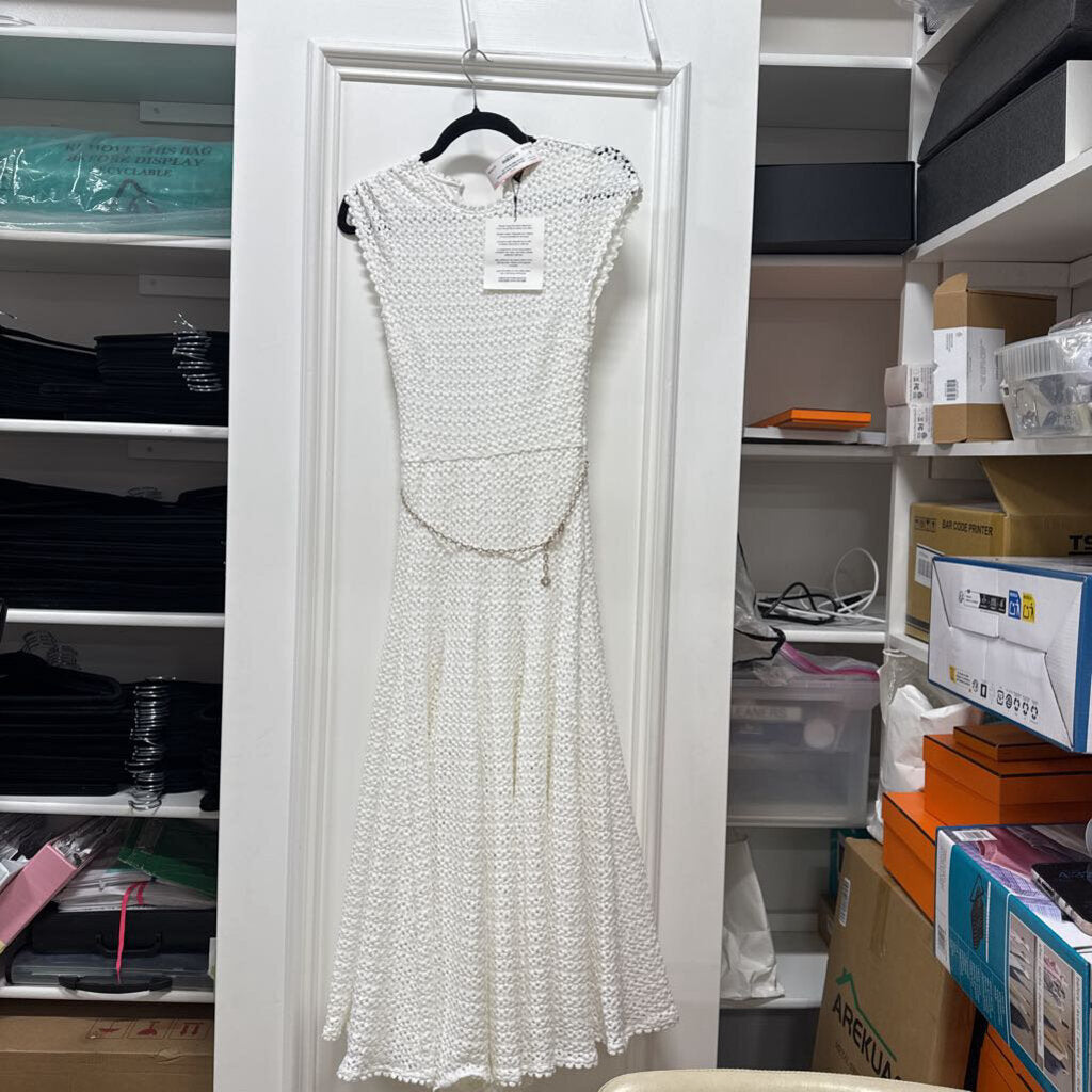 White Poly Knit Chain Detail Midi Dress
