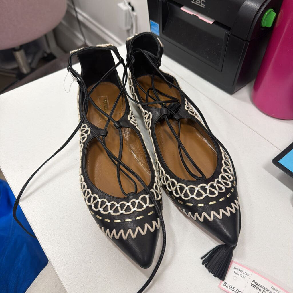 Black Leather White Detail Strappy Flats (