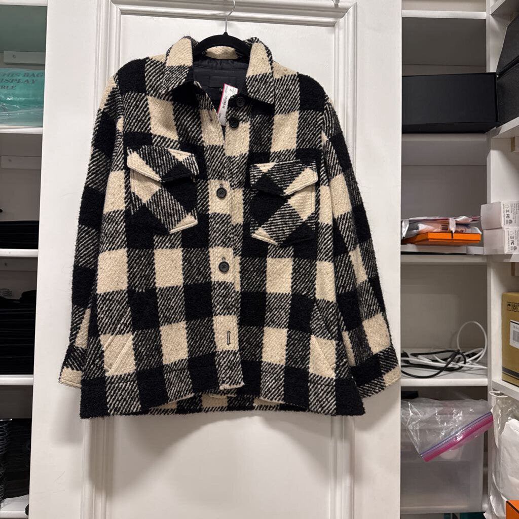 Cream/Black Plaid Wool Blend Shirt Jacket