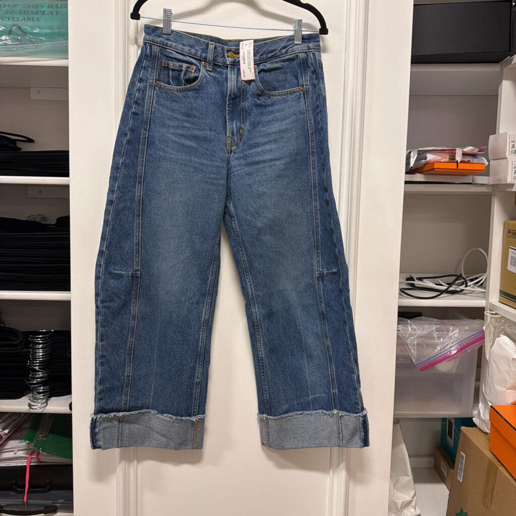 Blue Medium Wash Cuffed Barrel Jeans