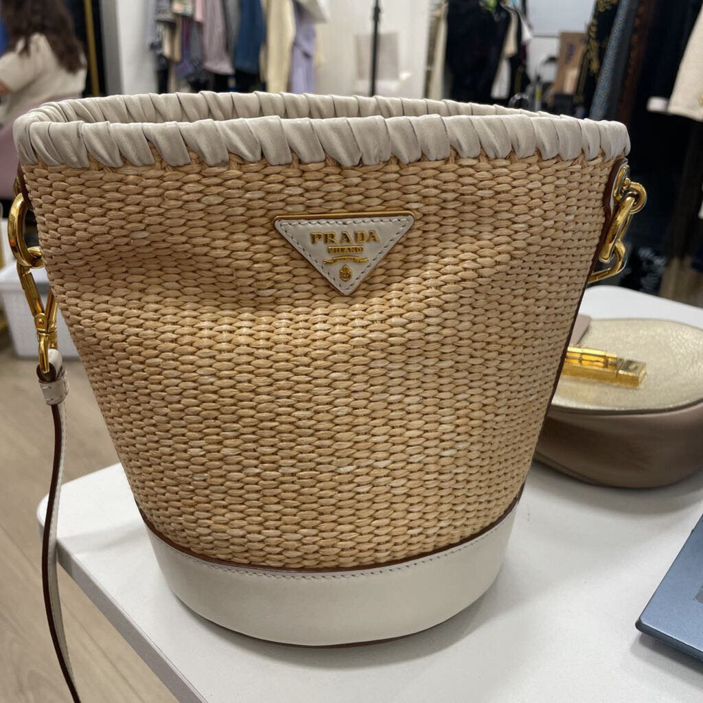 Woven Raffia Leather Bucket Bag