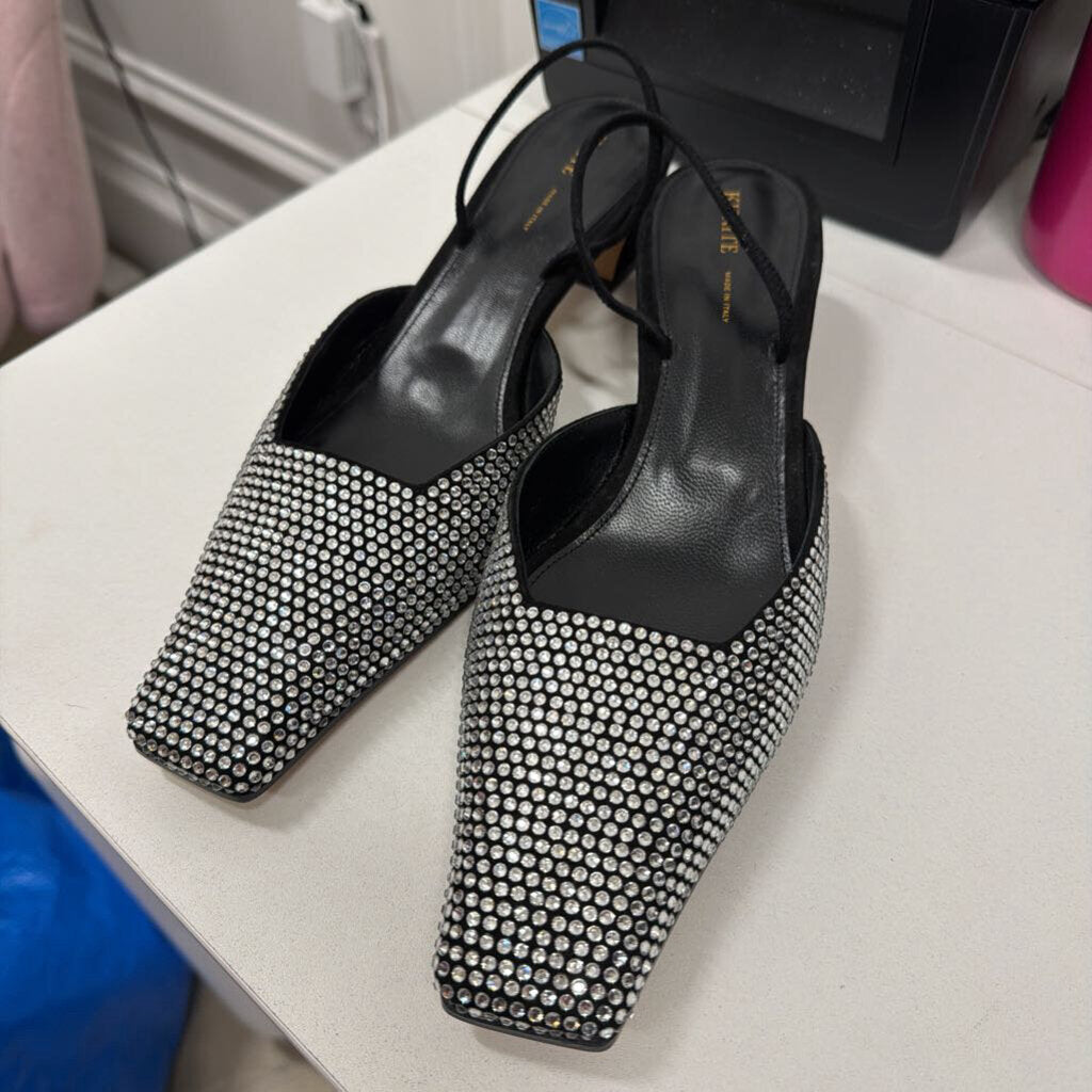 Black Suede Silver Bedazzled Block Toe Heels (39)(NEW)