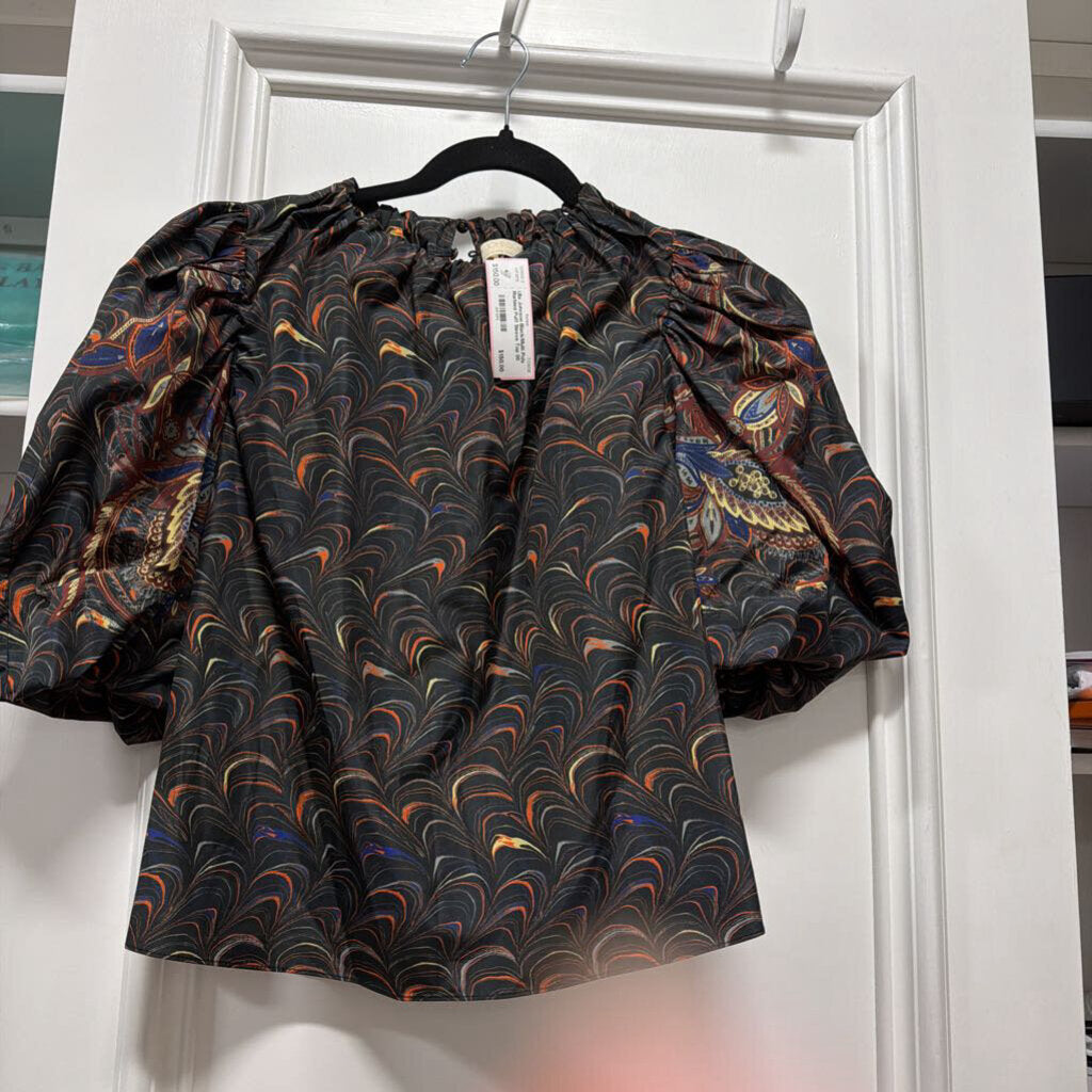 Black/Multi Poly Marbled Puff Sleeve Top