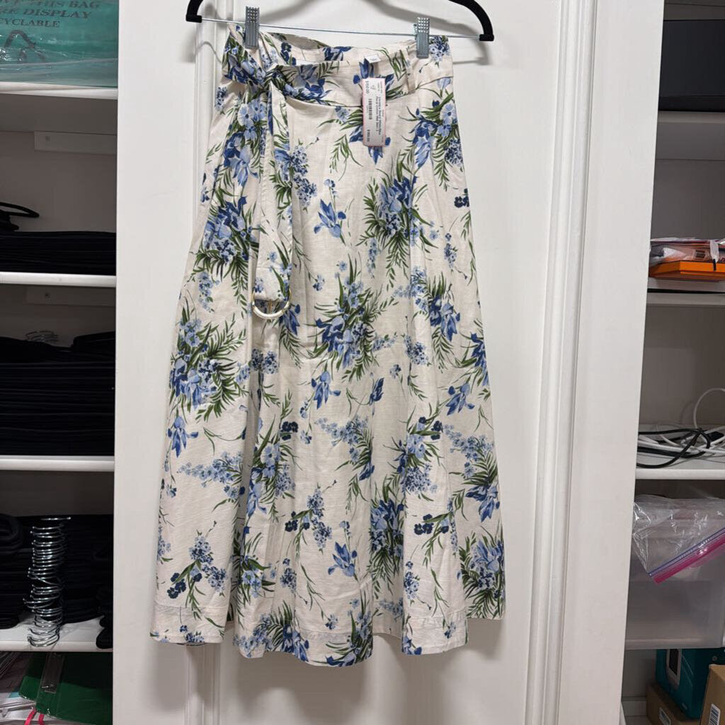 White/Blue Floral Cotton Midi Skirt