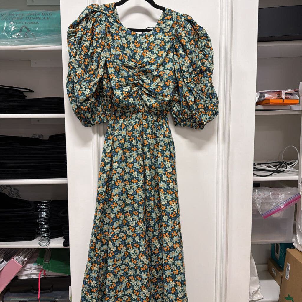 Green Floral Cotton Puff Sleeve Dress