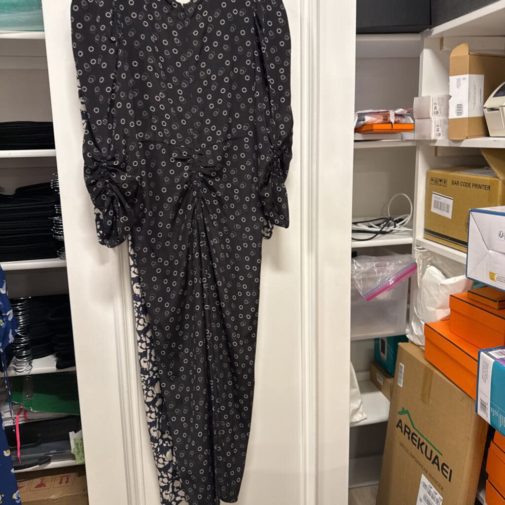 Black Silk Print Ruched Dress