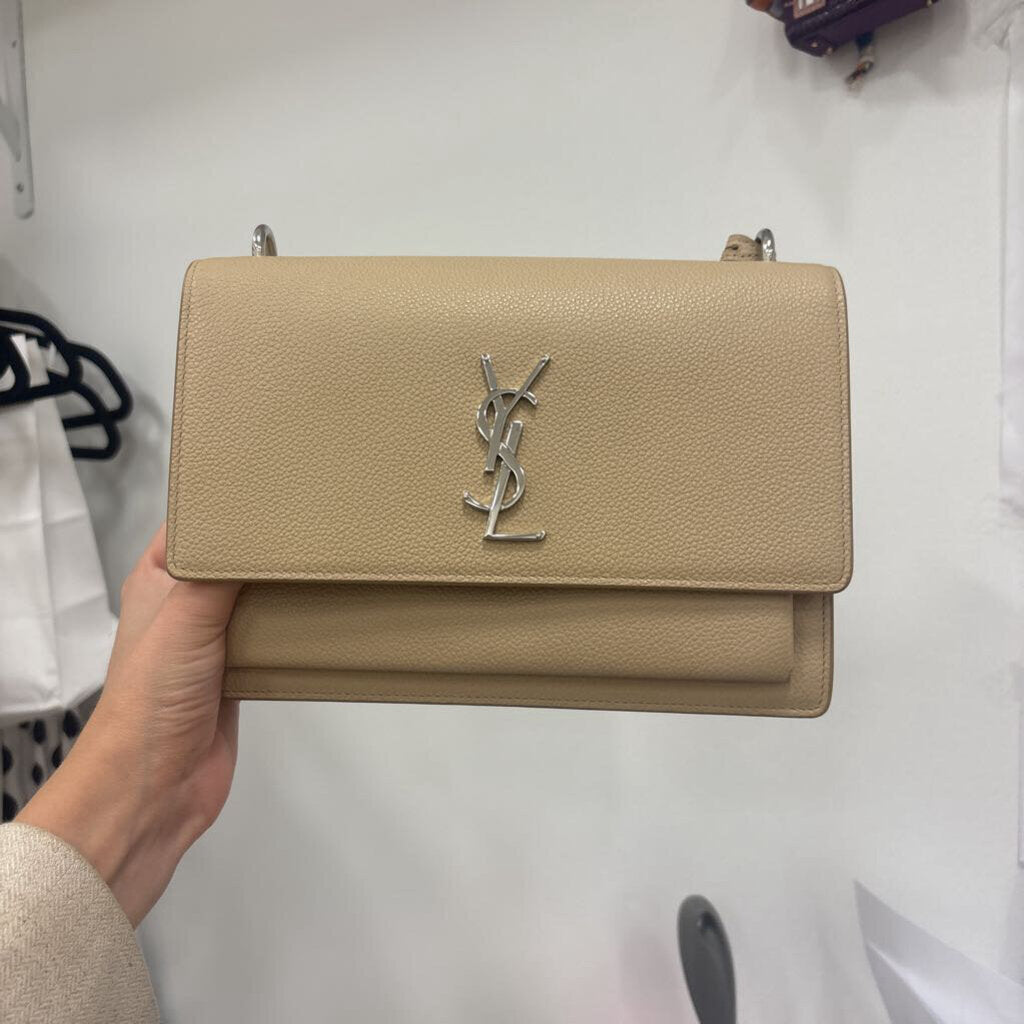Beige Grained Leather Satchel Bag