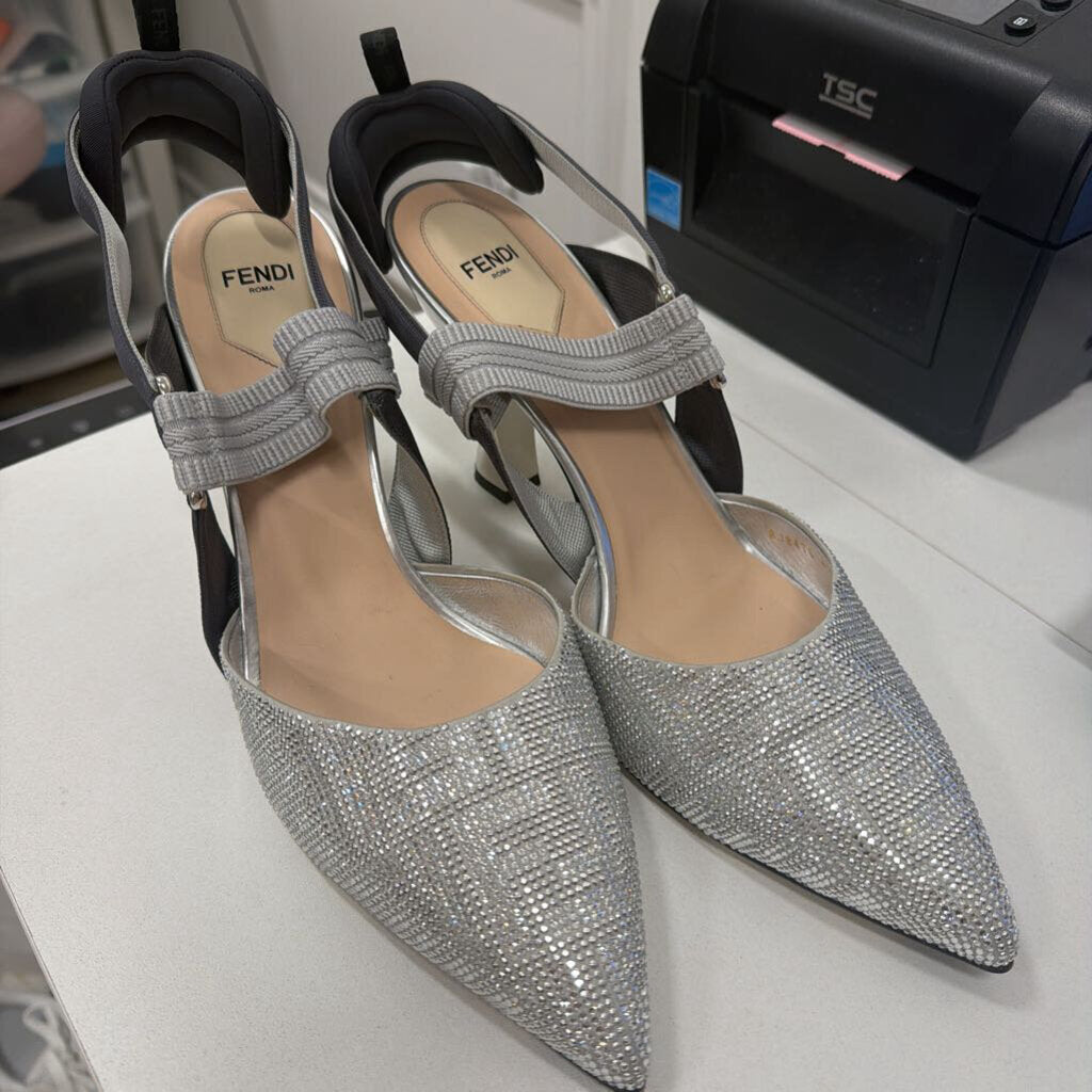Silver Rhinestone Pointed Toe Heels (42)