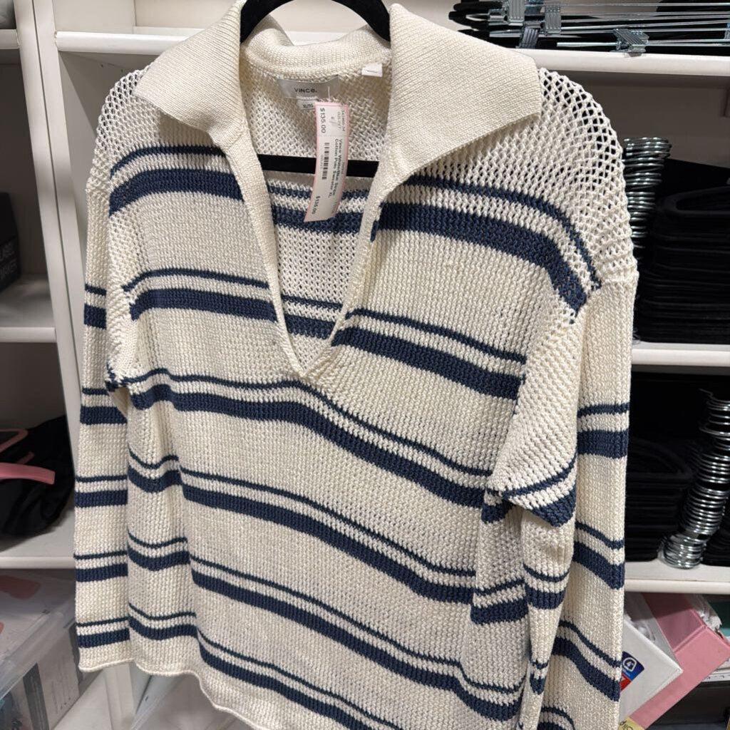 White/Blue Stripe Cotton Polo Sweater
