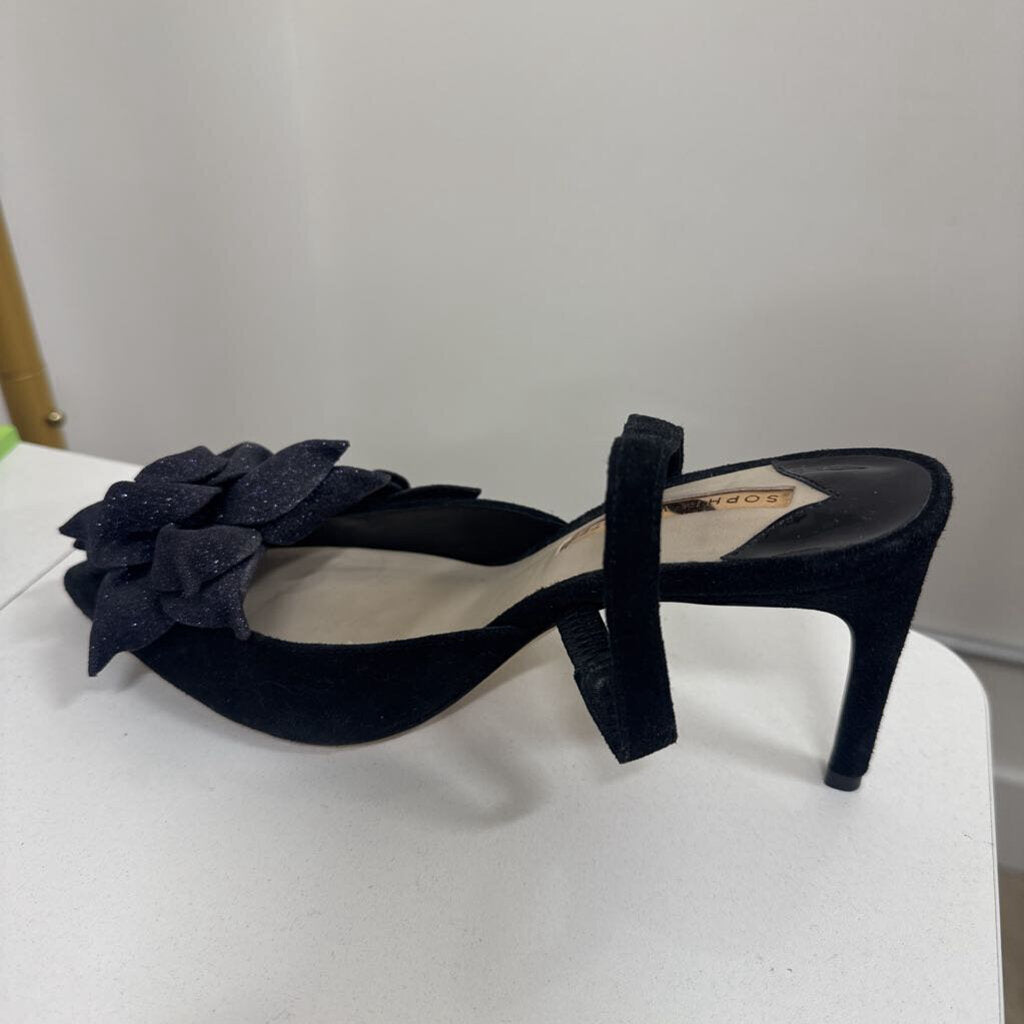 Black Suede Glitter Floral Applique Pumps