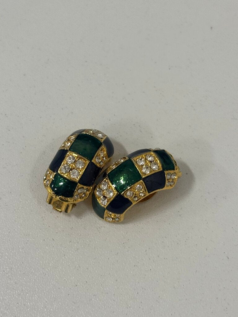 Vintage Gold Tone Checkered Clip-On Earrings