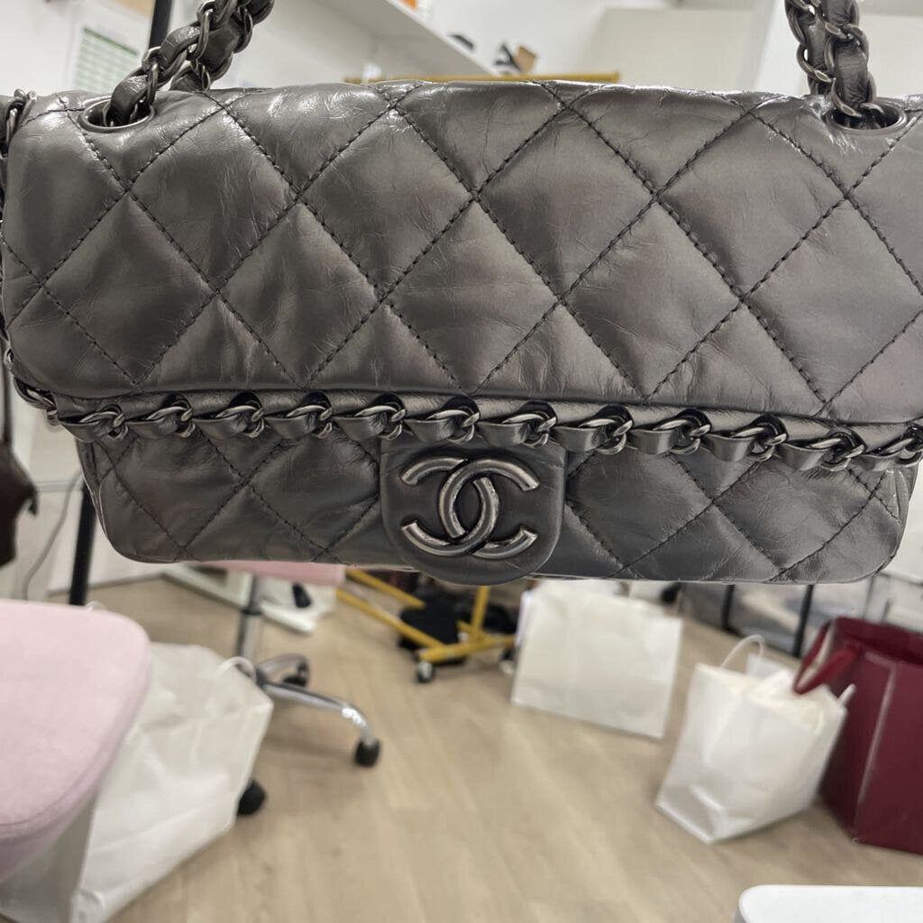 Metallic Grey Chain Me Flap Bag