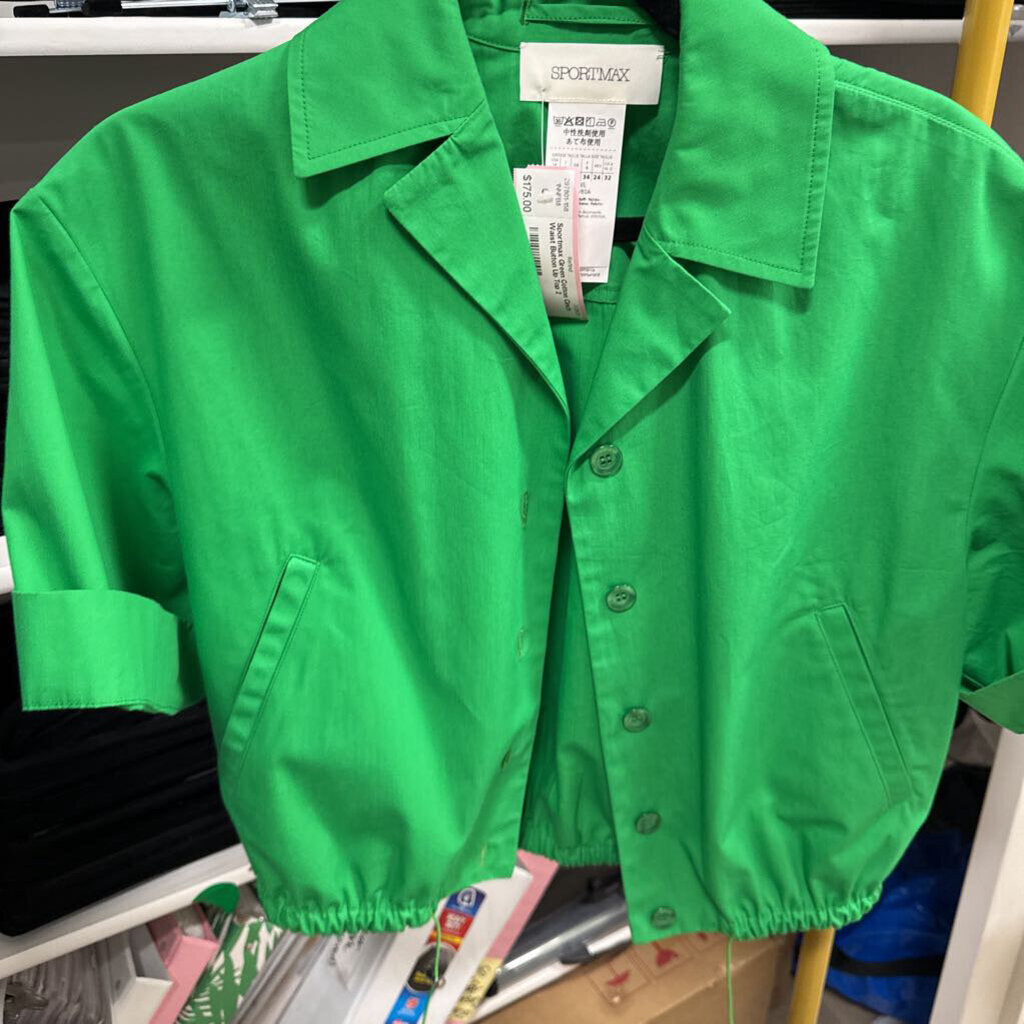 Green Cotton Cinch Waist Button Up Top