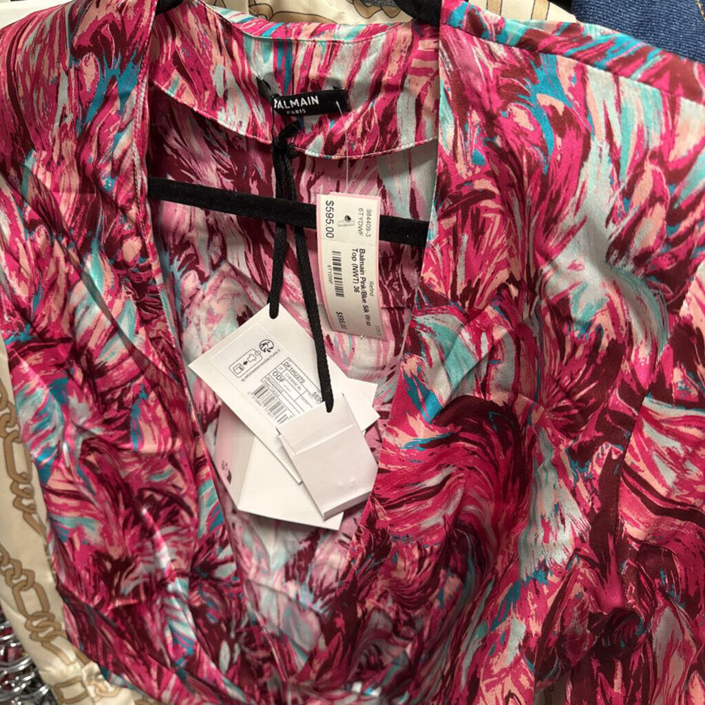 Pink/Blue Silk Wrap Top (NWT)