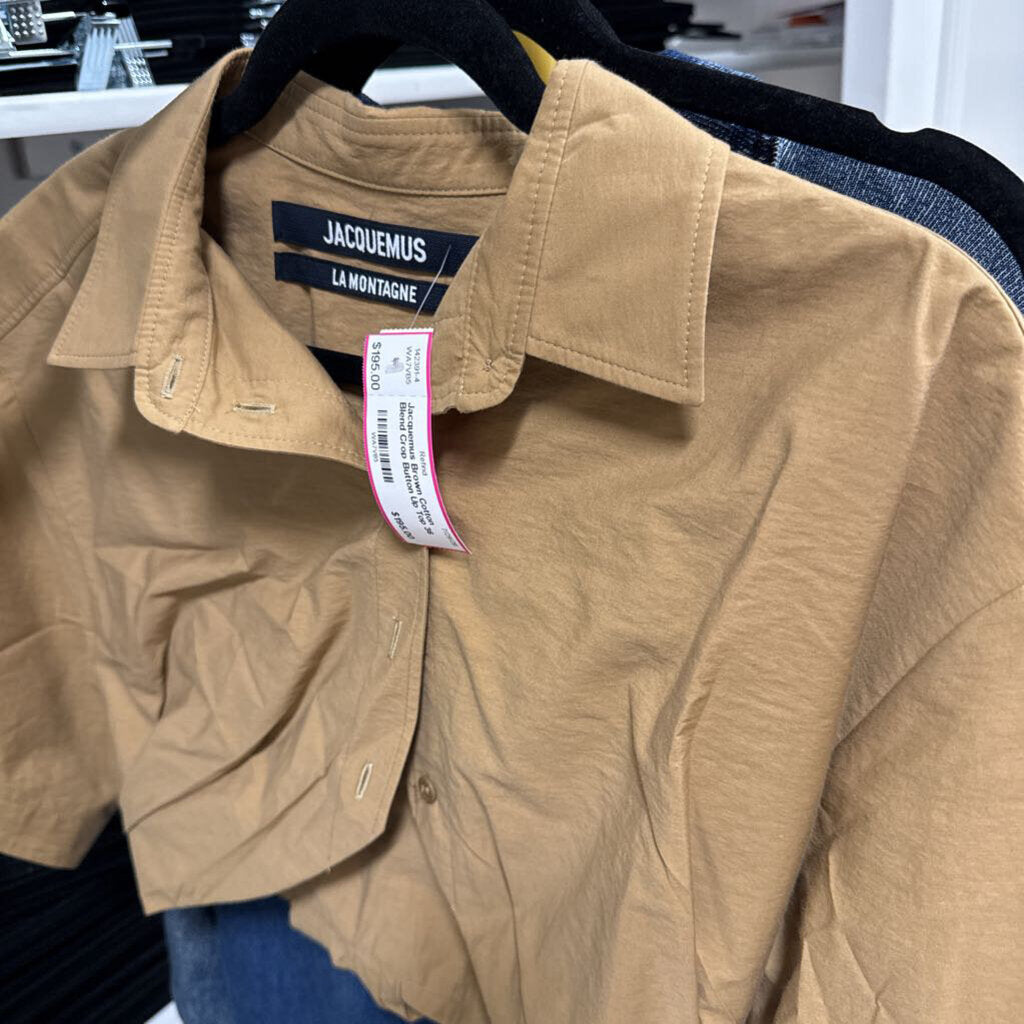 Brown Cotton Blend Crop Button Up Top