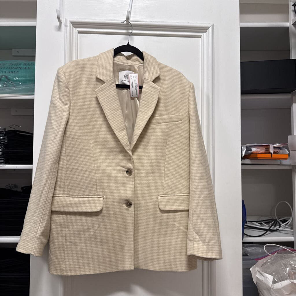 Beige Houndstooth Wool Blend Blazer