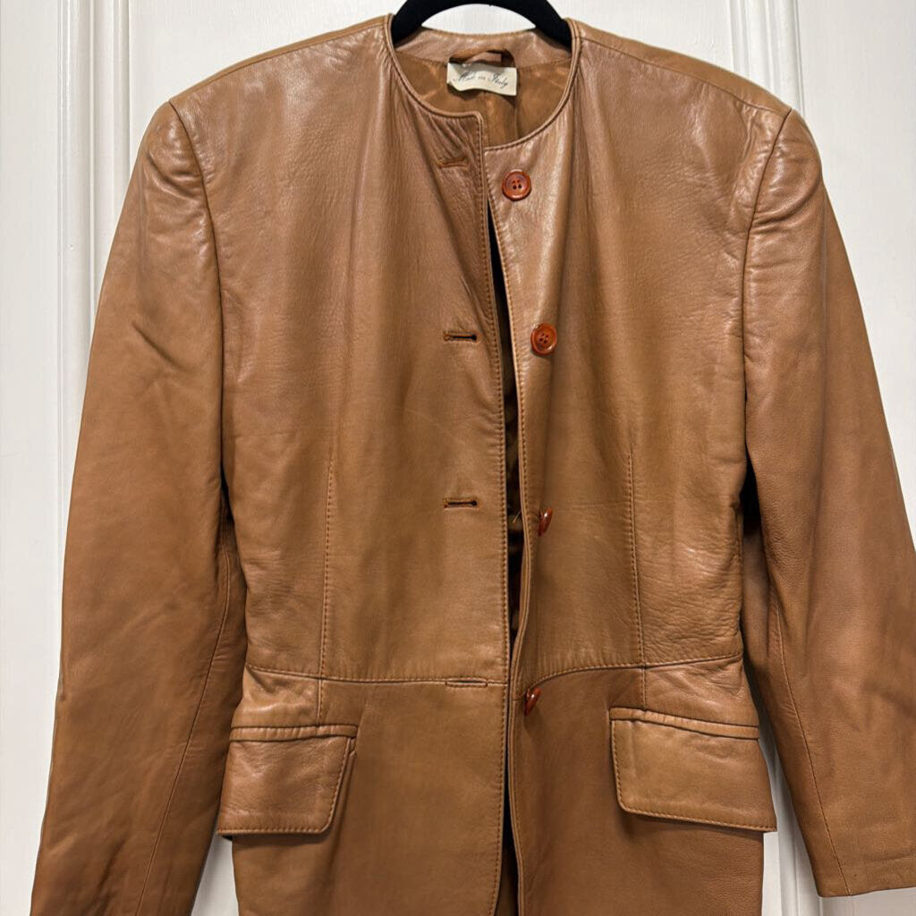 Brown Leather Collarless Jacket