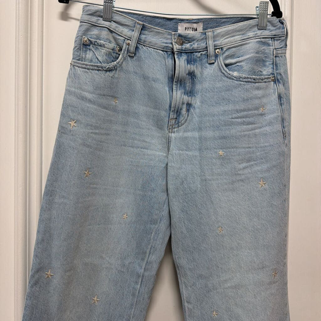 Blue Straight Leg Star Embroidered Jeans