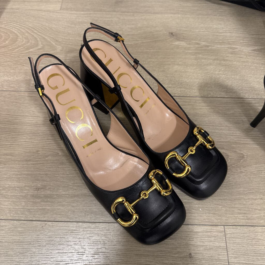Black Leather Horsebit Slingback Pumps
