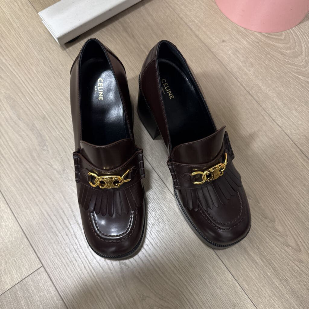 Brown Leather Heeled Tassle Loafers