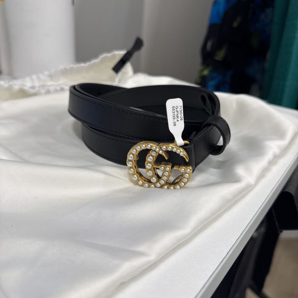 Gucci Black Leather Pearl GG Marmont Belt, 100