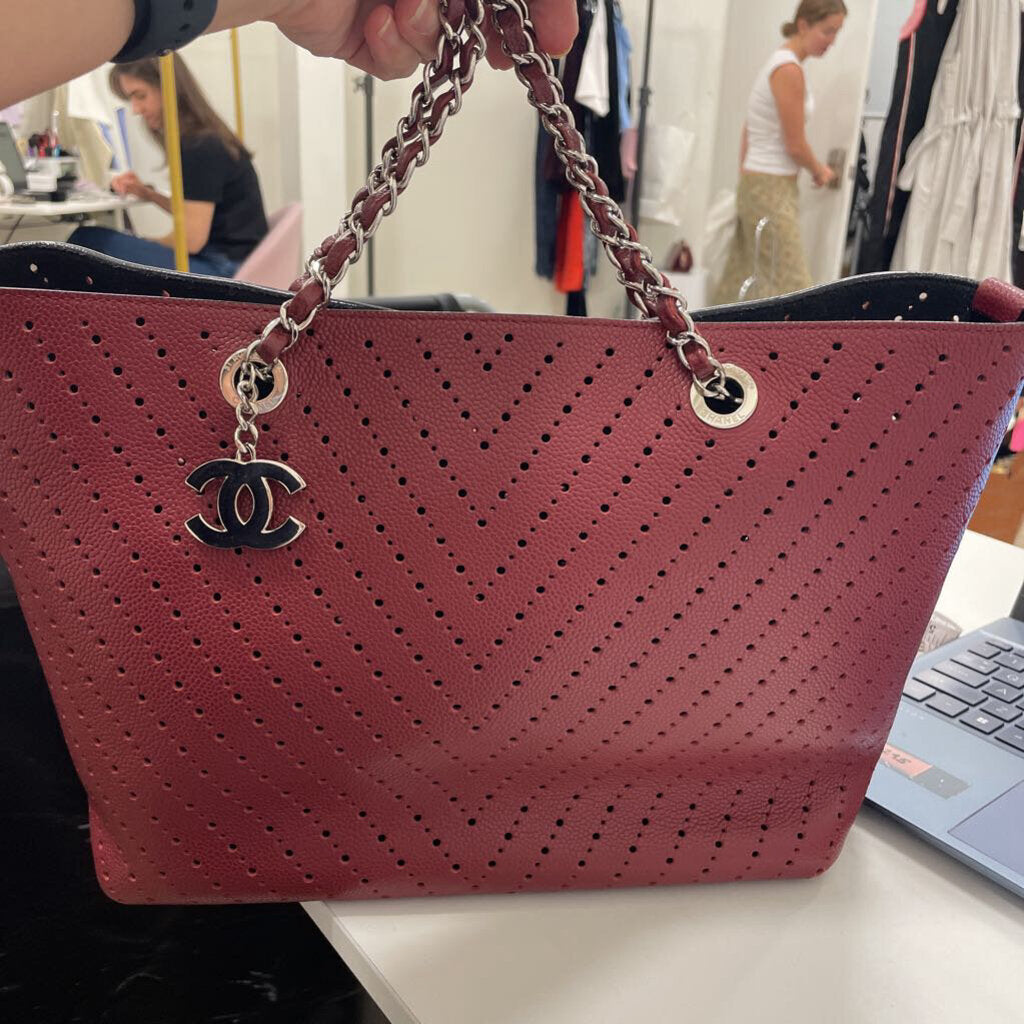 Burgundy Leather Perforated Silver HW Shopping Tote