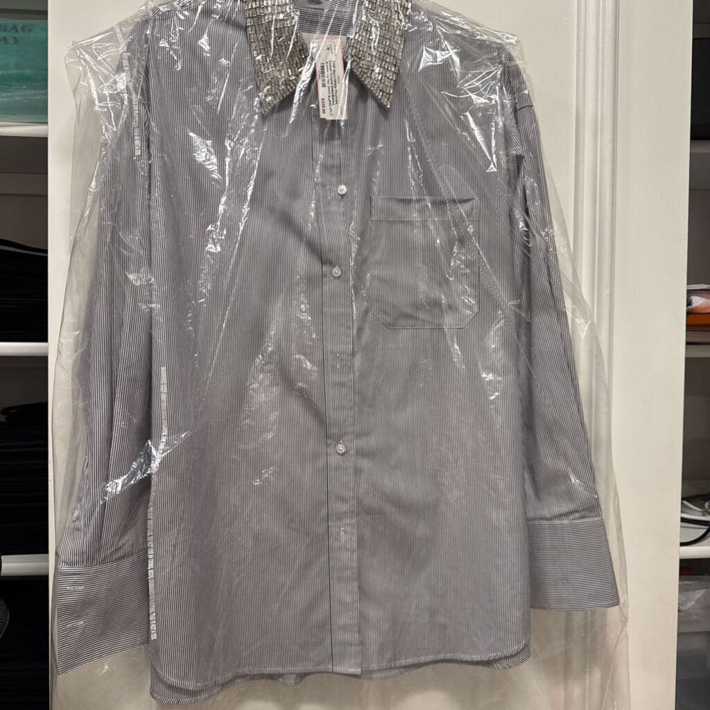 Navy/White Pinstripe Cotton Crystal Embellished Button Up Top (NWT $685)