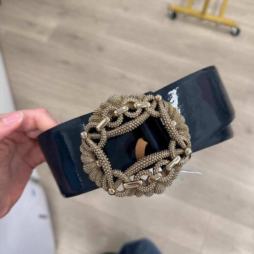 Roberto Cavalli Navy Patent Gold HW Belt, 42