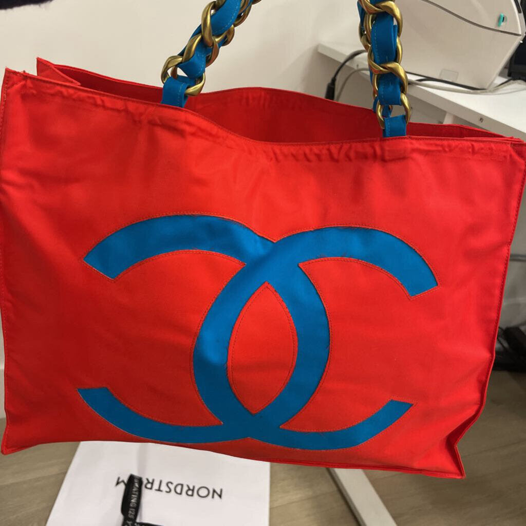 Red Nylon CC Logo Tote