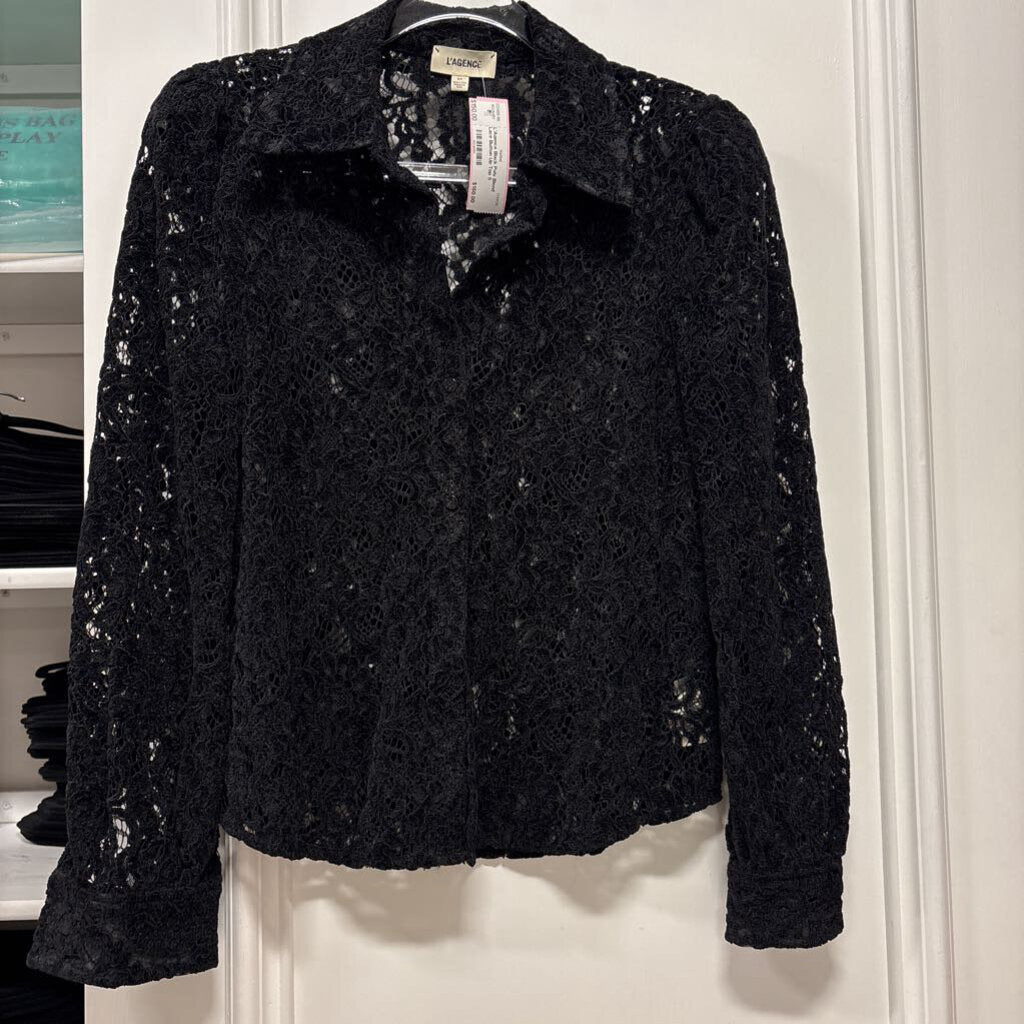 Black Poly Blend Lace Button Up Top
