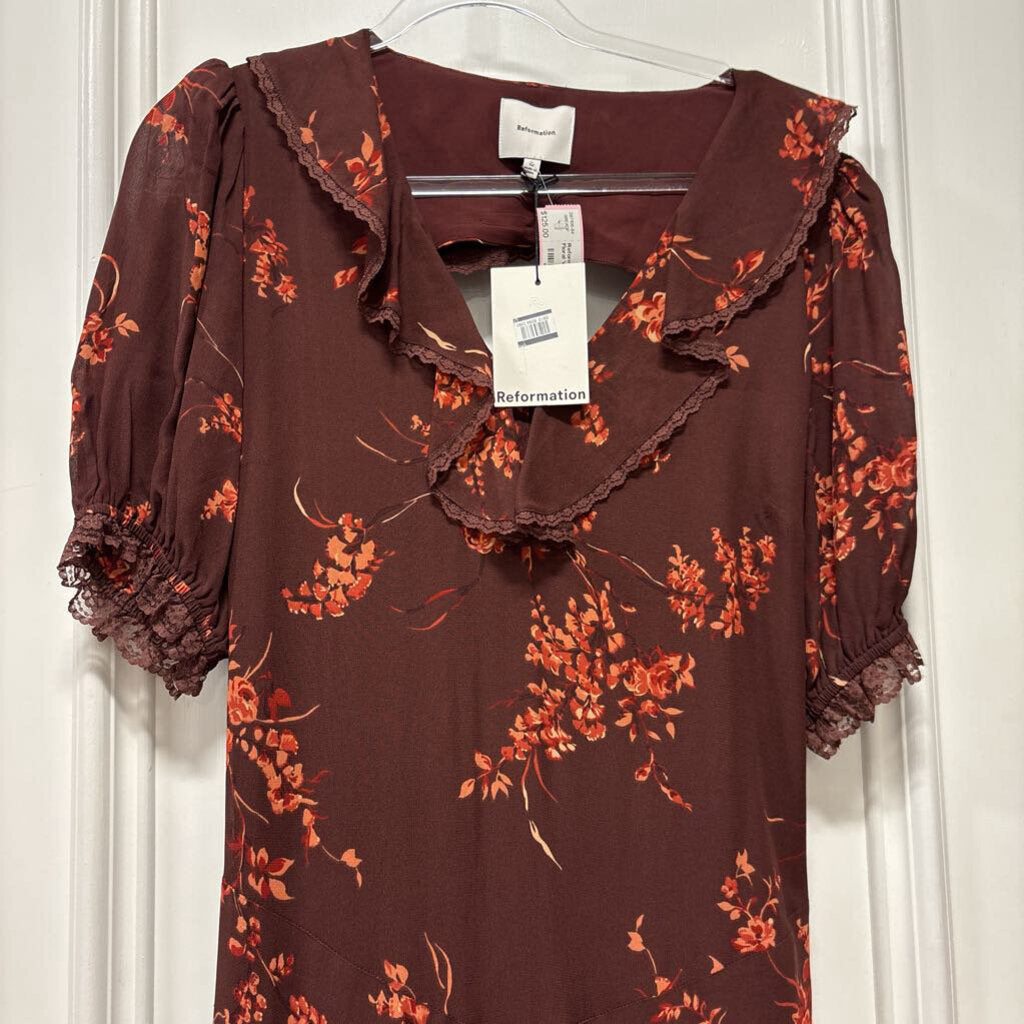 Burgundy/Multi Floral Viscose Midi Dress (NWT)