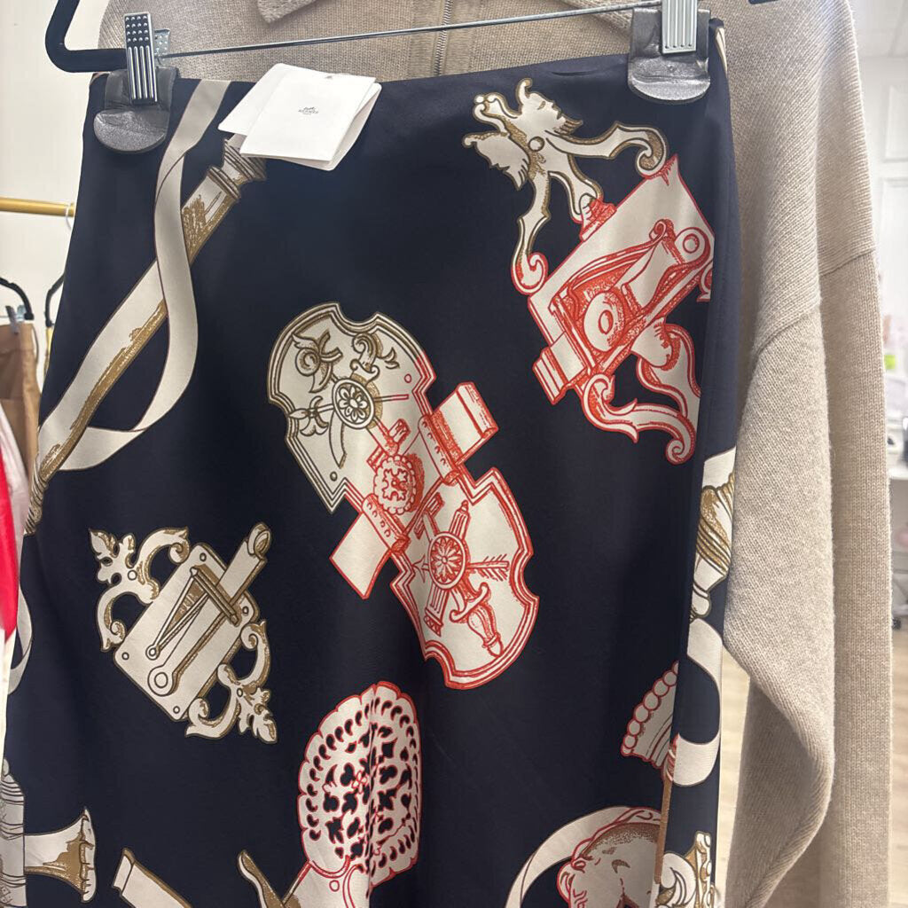Navy Silk Pattern Midi Skirt (NWT 4000)