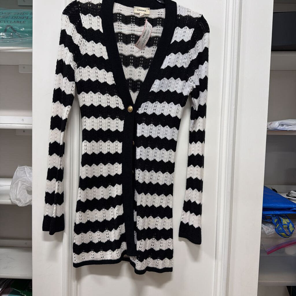 Black White Stripe V Neck Rayon Cardigan
