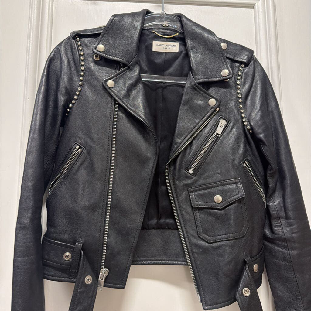 Black Leather Biker Silver Hardware/Zipper Snaps Belted Jacket